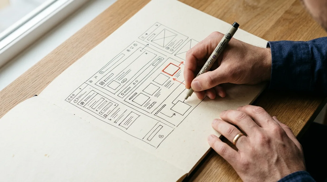 A hand sketching a web layout on paper